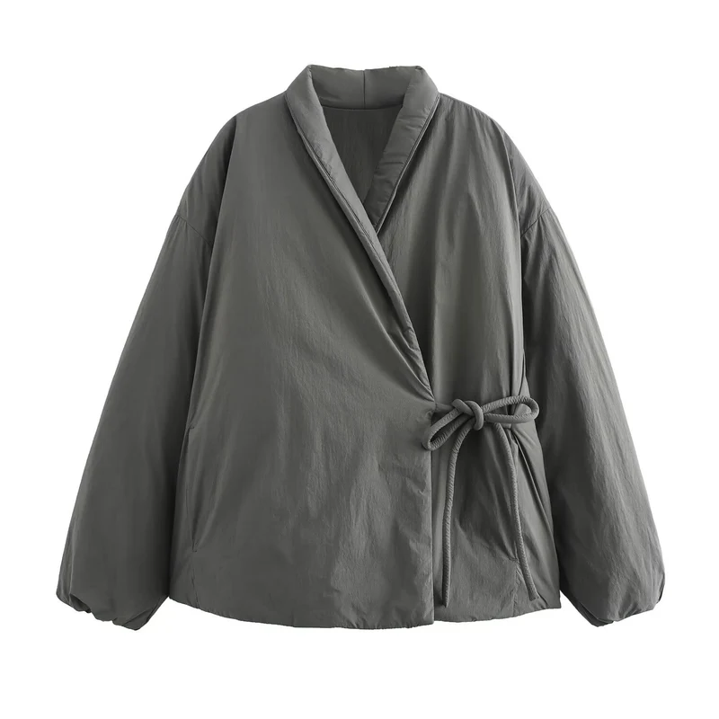 Damen 900+ gesteppte Wickeljacke mit Schalkragen und Taillenband Drune