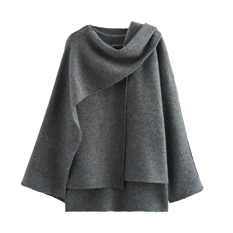 Damen 900+ drapierter Oversize Poncho‑Pullover mit Wasserfallkragen und Zierknopf Drune