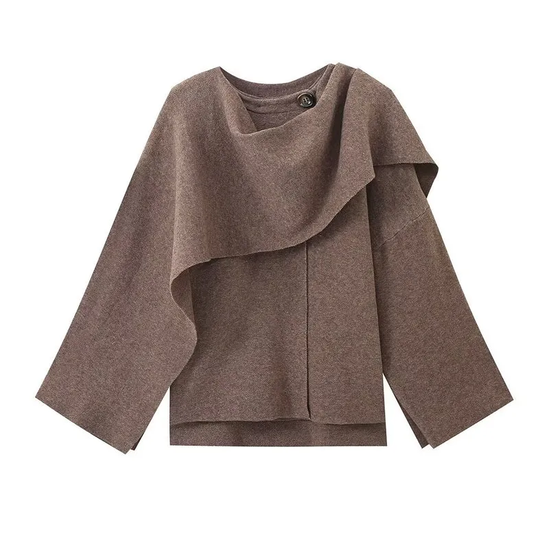 Damen 900+ drapierter Oversize Poncho‑Pullover mit Wasserfallkragen und Zierknopf Drune
