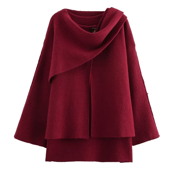 Damen 900+ drapierter Oversize Poncho‑Pullover mit Wasserfallkragen und Zierknopf Drune