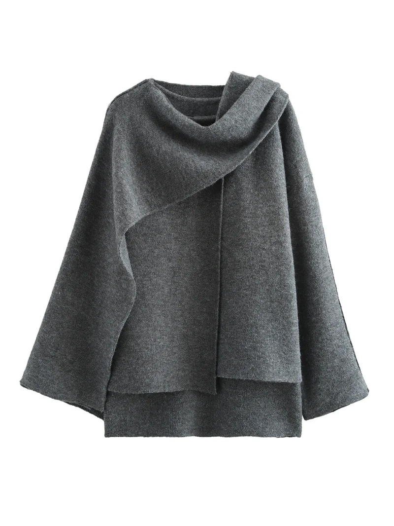 Damen 900+ drapierter Oversize Poncho‑Pullover mit Wasserfallkragen und Zierknopf Drune