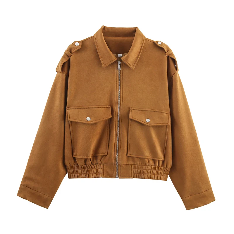 Damen 90+ kurze Wildlederoptik-Blousonjacke mit Pattentaschen, Reißverschluss und Schulterklappen Drune