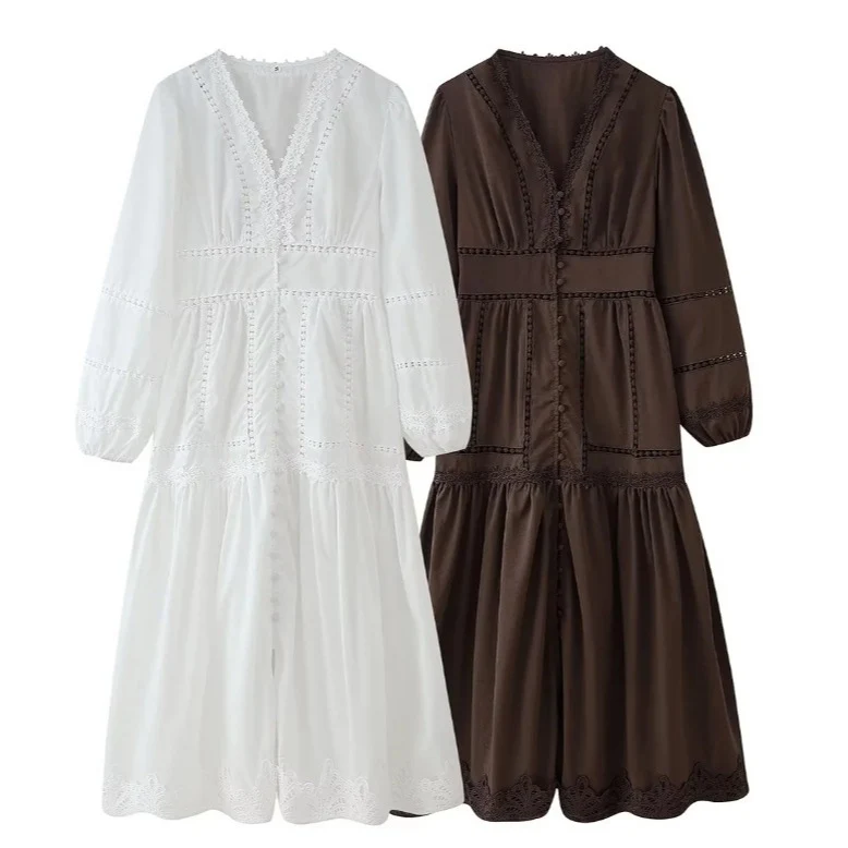 Damen 80+ Maxikleid mit V‑Ausschnitt, Spitzenbesatz, Knopfleiste und Ballonärmeln Drune