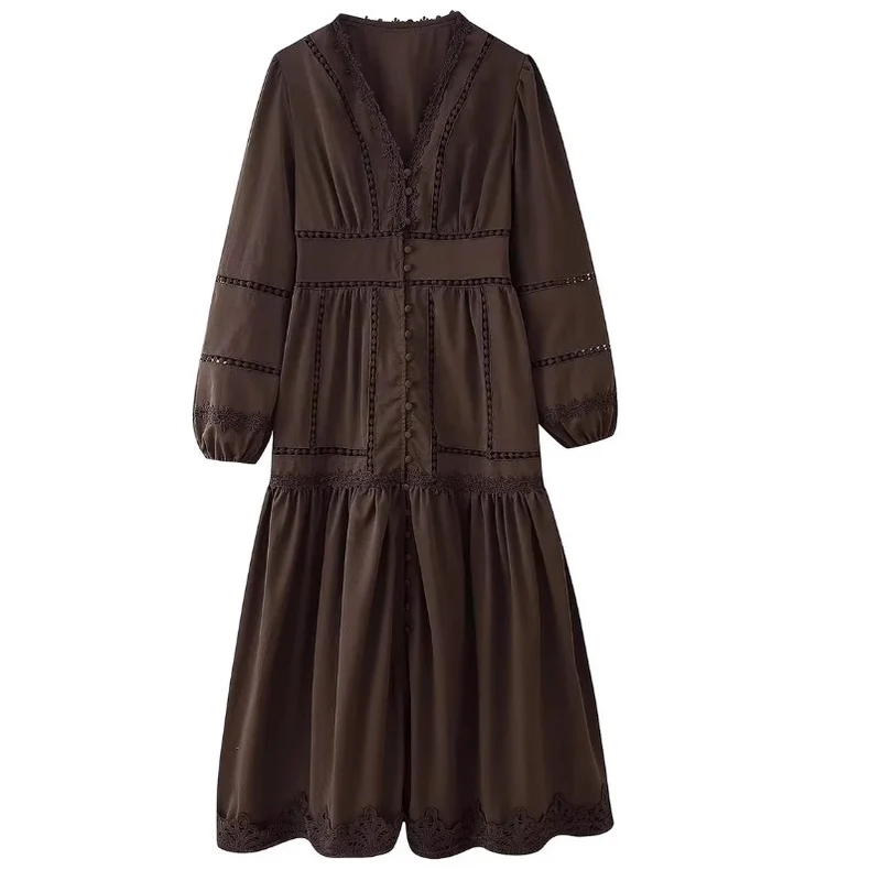 Damen 80+ Maxikleid mit V‑Ausschnitt, Spitzenbesatz, Knopfleiste und Ballonärmeln Drune