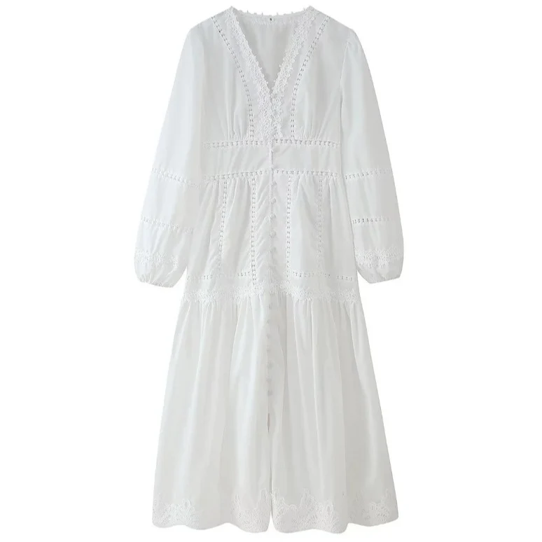 Damen 80+ Maxikleid mit V‑Ausschnitt, Spitzenbesatz, Knopfleiste und Ballonärmeln Drune