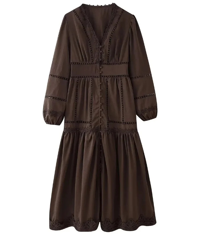 Damen 80+ Maxikleid mit V‑Ausschnitt, Spitzenbesatz, Knopfleiste und Ballonärmeln Drune