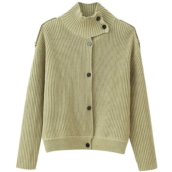 Damen 80+ kurzer Rippstrick‑Cardigan mit hohem Stehkragen und Knopfleiste Drune