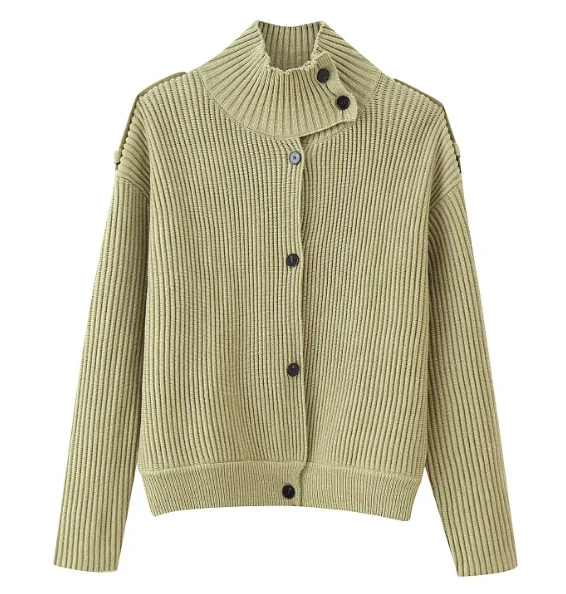 Damen 80+ kurzer Rippstrick‑Cardigan mit hohem Stehkragen und Knopfleiste Drune