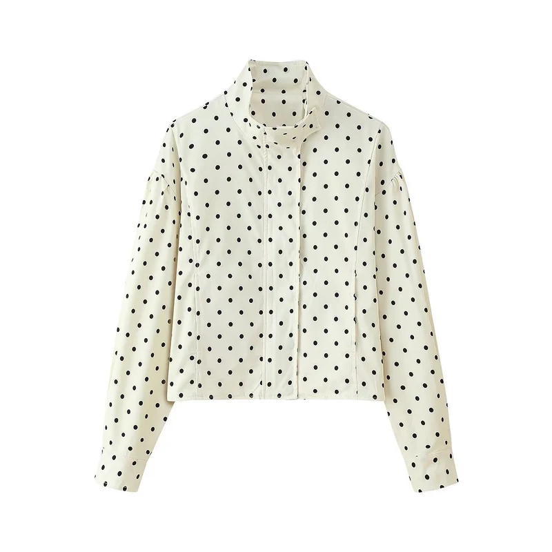 Damen 700+ Kurz geschnittene Blousonjacke mit Stehkragen, Glockenärmeln und Tupfenmuster Drune
