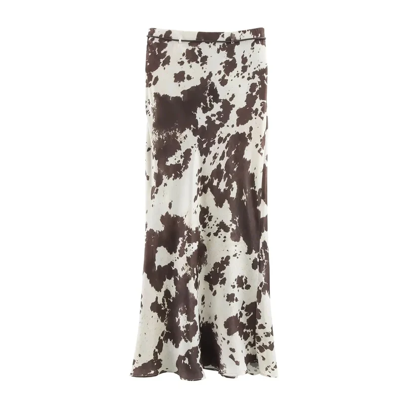 Damen 70+ weite seidige Hemdbluse mit Cow‑Print und verdeckter Knopfleiste Drune