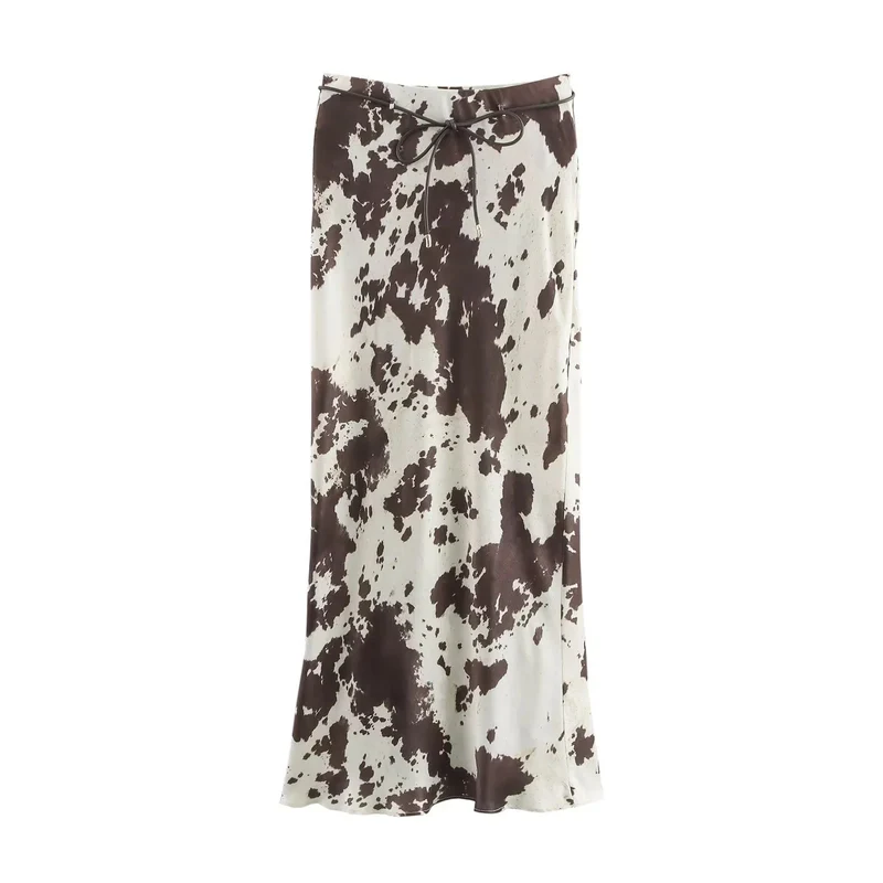 Damen 70+ weite seidige Hemdbluse mit Cow‑Print und verdeckter Knopfleiste Drune