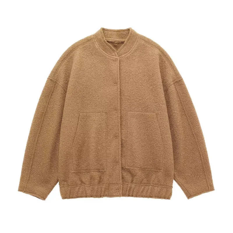 Damen 70+ Oversize Teddy-Fleece Jacke mit Stehkragen und aufgesetzten Taschen Drune