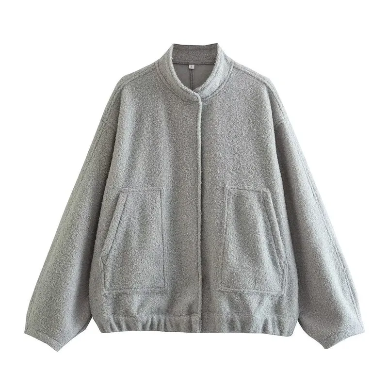 Damen 70+ Oversize Teddy-Fleece Jacke mit Stehkragen und aufgesetzten Taschen Drune