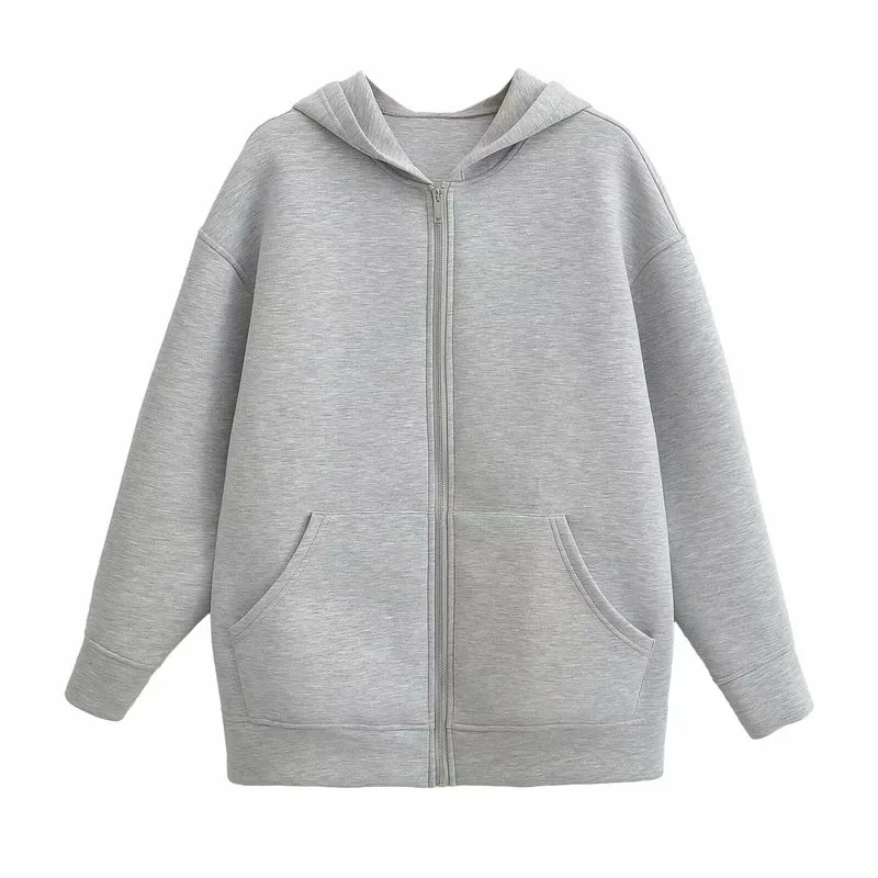 Damen 70+ Oversize Kapuzenjacke mit Reißverschluss, Kängurutaschen und verlängertem Saum Drune