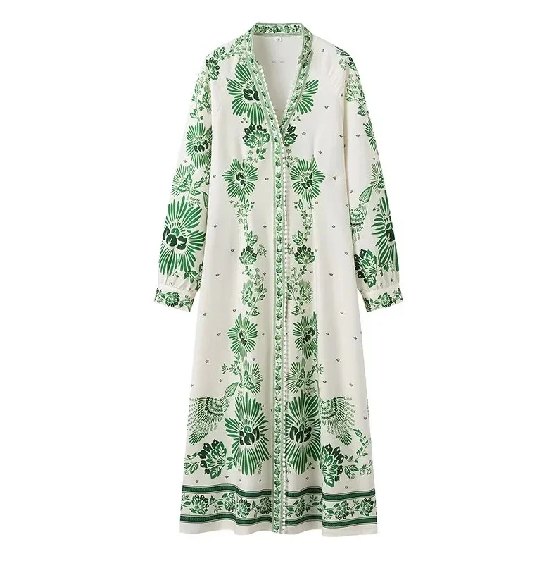 Damen 70+ langes Boho‑Maxikleid mit floralem Print, durchgehender Knopfleiste und gerafften Ärmelbündchen Drune