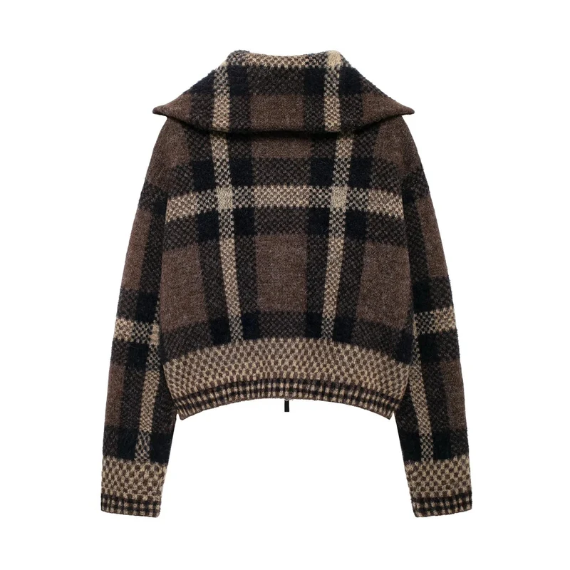 Damen 70+ kurzer kariert melierter Strickpullover mit halbem Reißverschlusskragen Drune