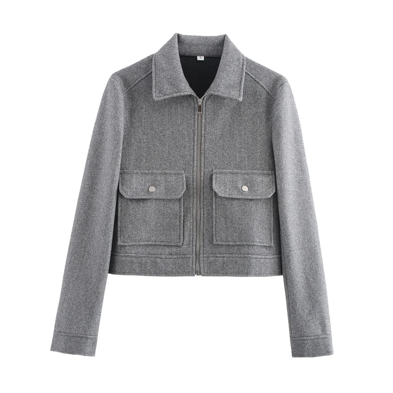Damen 70+ kurze Wollmix‑Blousonjacke mit Reißverschluss, Hemdkragen und Pattentaschen Drune
