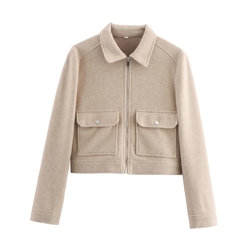 Damen 70+ kurze Wollmix‑Blousonjacke mit Reißverschluss, Hemdkragen und Pattentaschen Drune