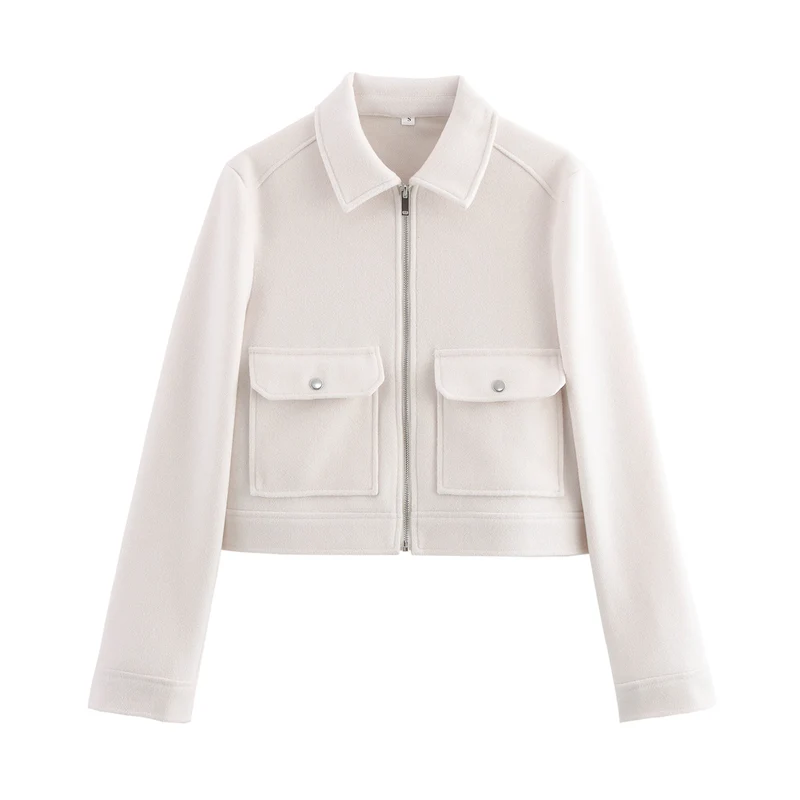 Damen 70+ kurze Wollmix‑Blousonjacke mit Reißverschluss, Hemdkragen und Pattentaschen Drune