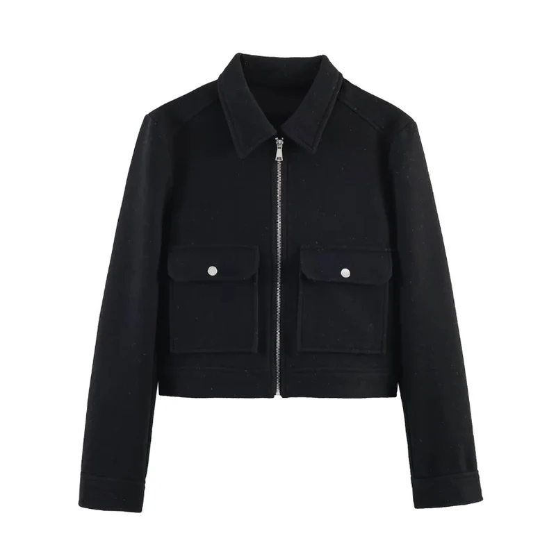Damen 70+ kurze Wollmix‑Blousonjacke mit Reißverschluss, Hemdkragen und Pattentaschen Drune