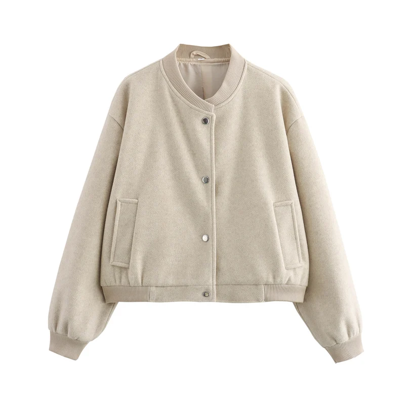 Damen 70+ kurze Wollmix‑Blousonjacke mit Reißverschluss, Hemdkragen und Pattentaschen Drune