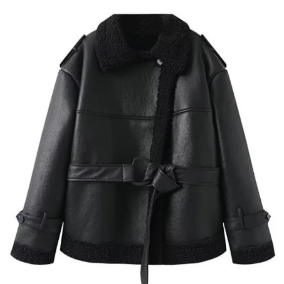 Damen 600+ Kurzjacke im Aviator‑Stil mit Kunstfellfutter und Bindegürtel Drune