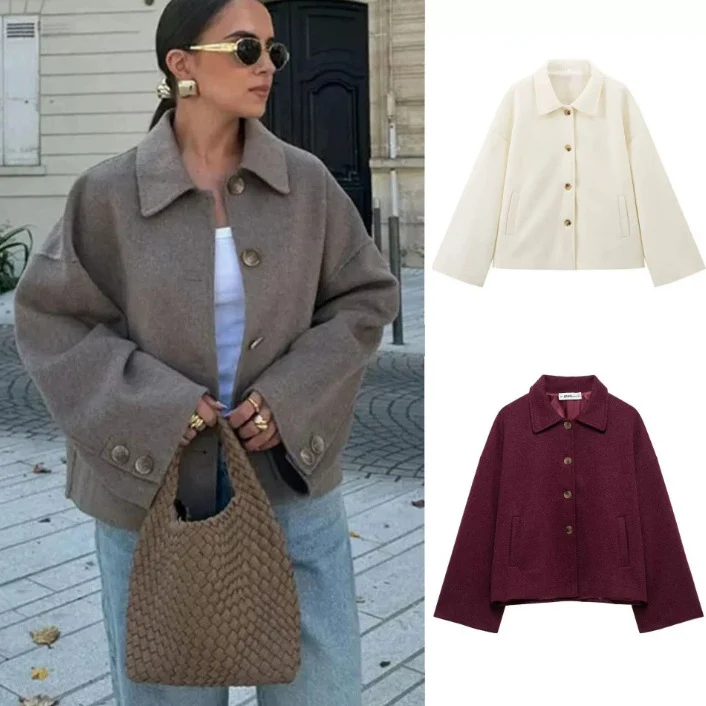 Damen 600+ kurze boxy Wollmix‑Jacke mit Hemdkragen, geknöpfter Front und Eingrifftaschen Drune
