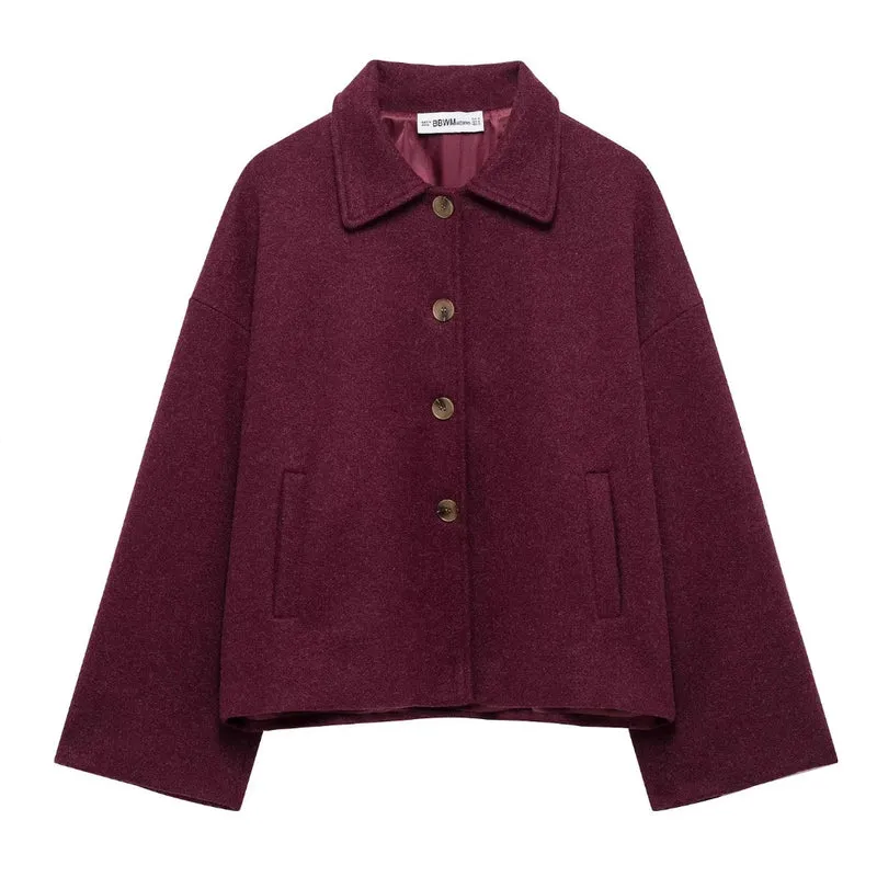 Damen 600+ kurze boxy Wollmix‑Jacke mit Hemdkragen, geknöpfter Front und Eingrifftaschen Drune