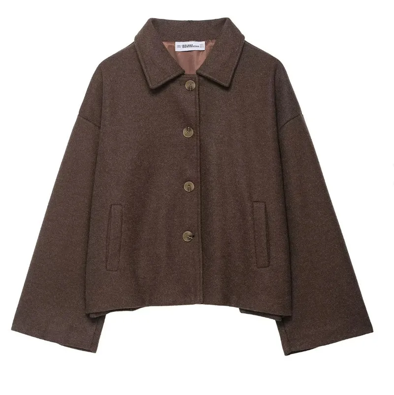 Damen 600+ kurze boxy Wollmix‑Jacke mit Hemdkragen, geknöpfter Front und Eingrifftaschen Drune