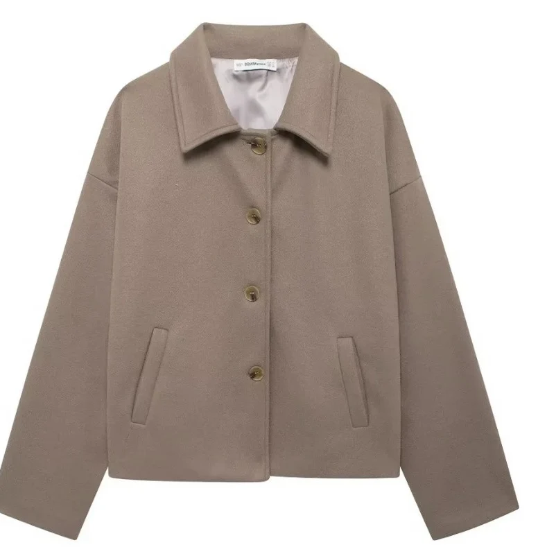 Damen 600+ kurze boxy Wollmix‑Jacke mit Hemdkragen, geknöpfter Front und Eingrifftaschen Drune