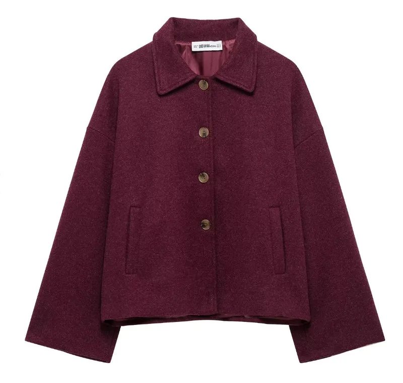Damen 600+ kurze boxy Wollmix‑Jacke mit Hemdkragen, geknöpfter Front und Eingrifftaschen Drune