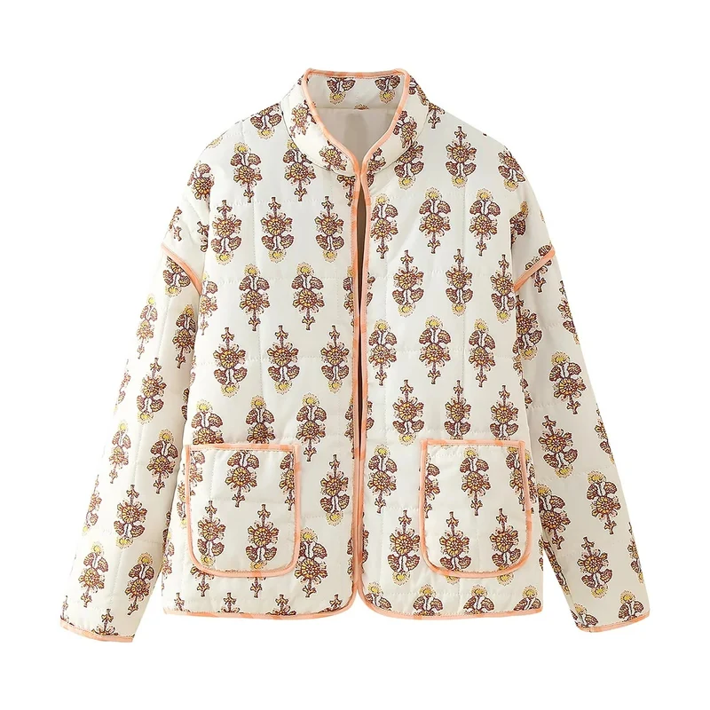 Damen 600+ gesteppte bestickte Taillengürtel‑Jacke mit floralem Muster und Stehkragen Drune