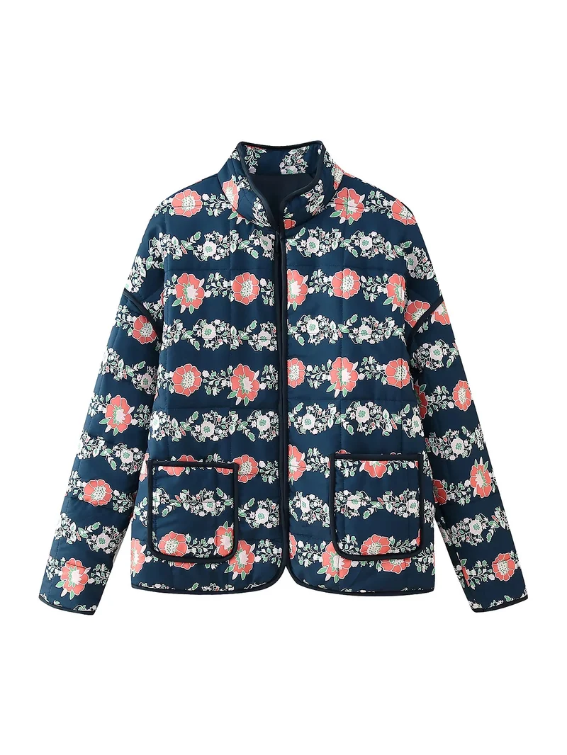 Damen 600+ gesteppte bestickte Taillengürtel‑Jacke mit floralem Muster und Stehkragen Drune