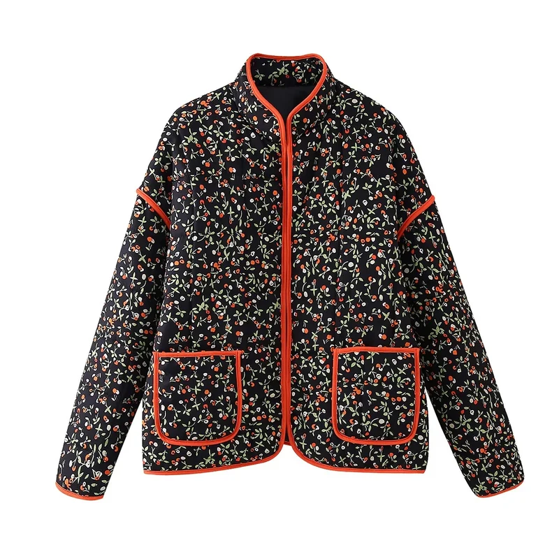 Damen 600+ gesteppte bestickte Taillengürtel‑Jacke mit floralem Muster und Stehkragen Drune