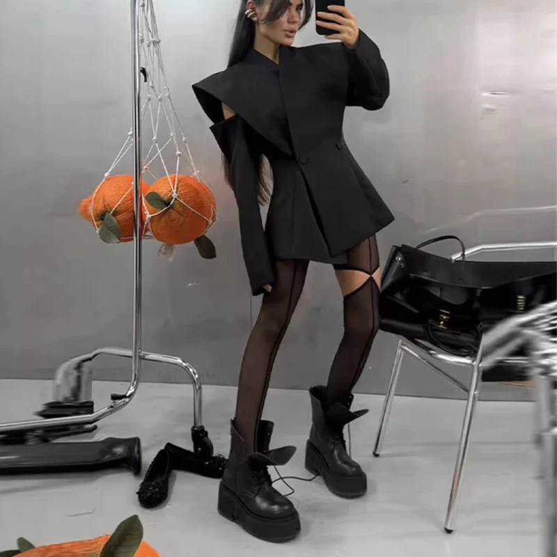 Damen 600+ ärmelloser taillierter Blazer mit weitem Schalkragen und doppelreihiger Knopfleiste Drune