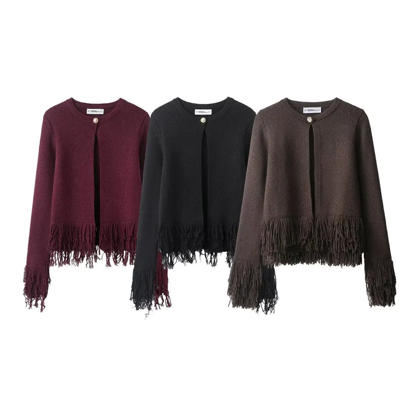 Damen 60+ gestrickter Cropped‑Cardigan mit Fransenbesatz und Rundhals Drune