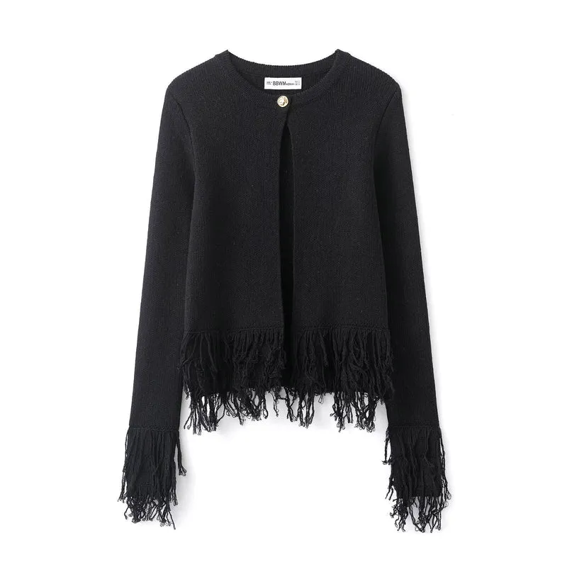 Damen 60+ gestrickter Cropped‑Cardigan mit Fransenbesatz und Rundhals Drune