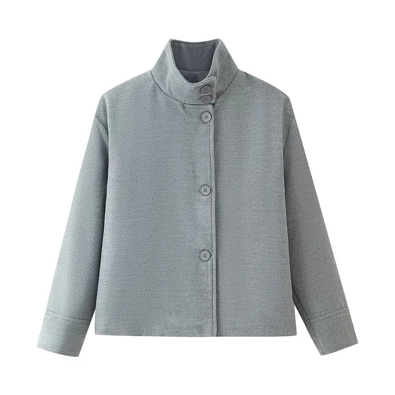 Damen 60+ Boxy‑Kurzjacke mit hohem Stehkragen und verdeckter Knopfleiste Drune