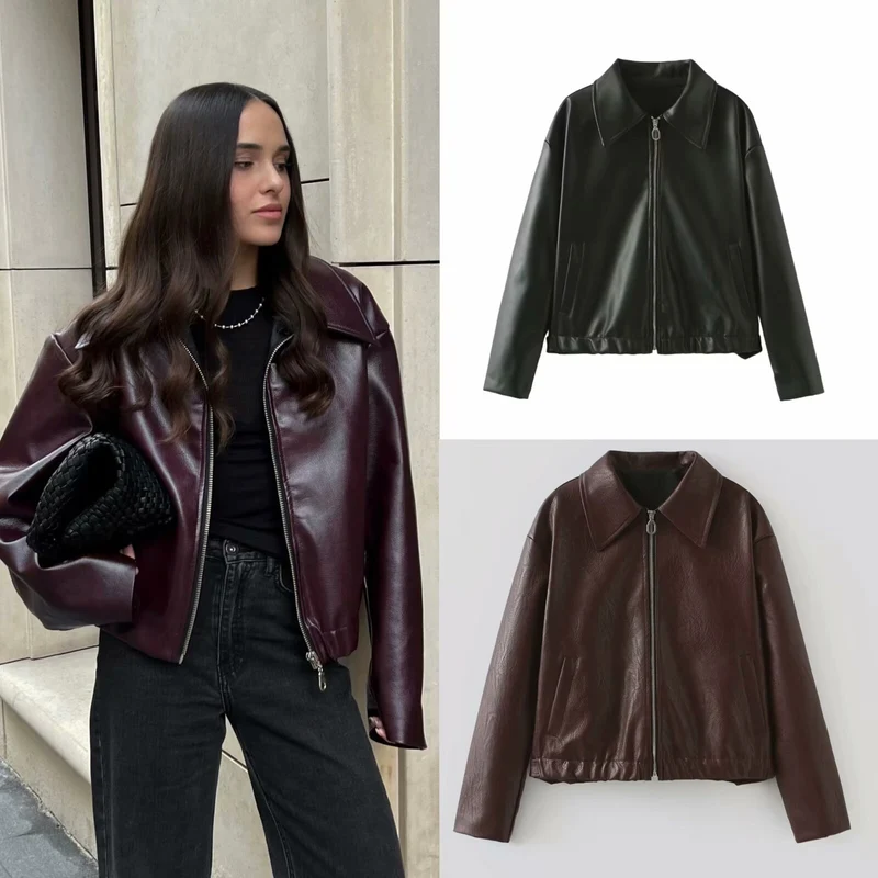 Damen 500+ leichte oversize Kunstleder‑Blousonjacke mit Hemdkragen, Reißverschluss und elastischem Saum Drune