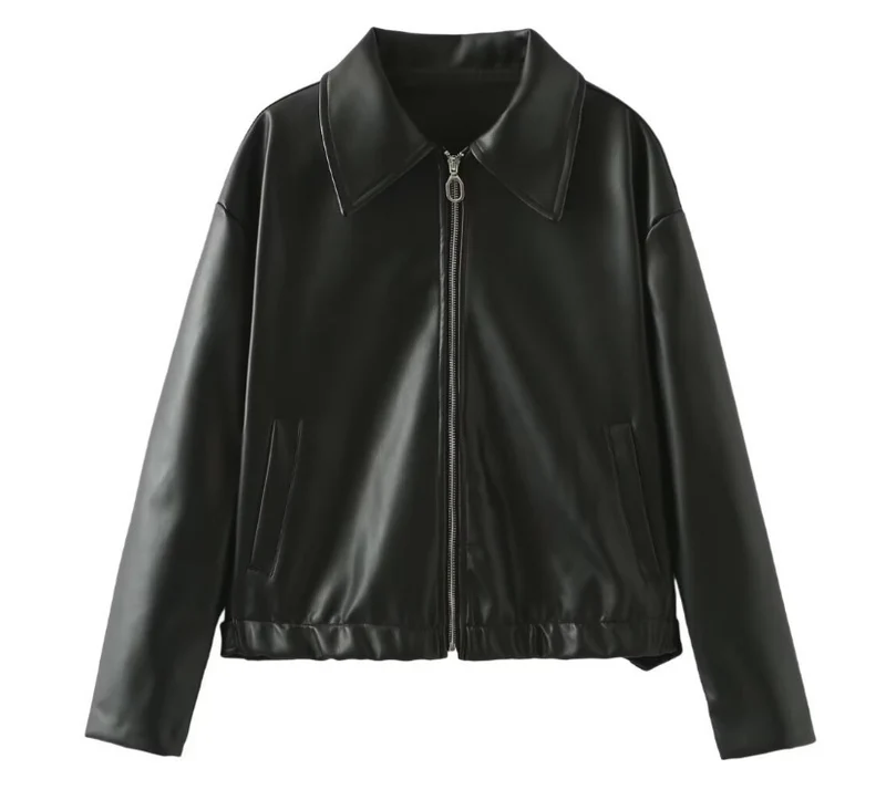 Damen 500+ leichte oversize Kunstleder‑Blousonjacke mit Hemdkragen, Reißverschluss und elastischem Saum Drune