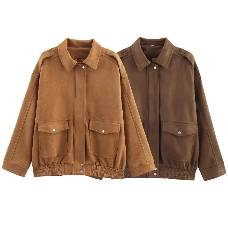 Damen 500+ lässige Velours‑Blousonjacke mit Pattentaschen und elastischem Saum Drune
