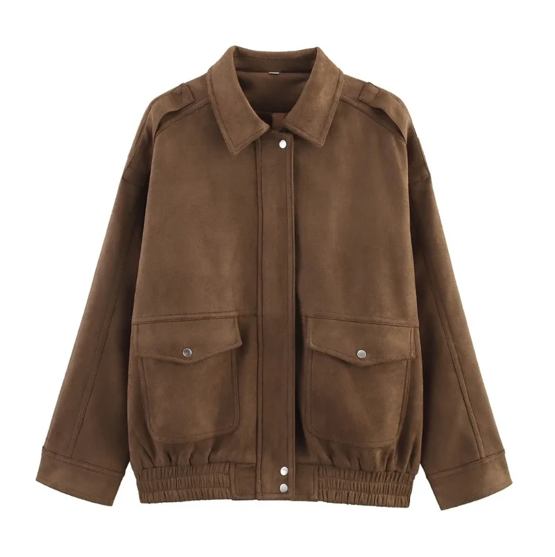 Damen 500+ lässige Velours‑Blousonjacke mit Pattentaschen und elastischem Saum Drune