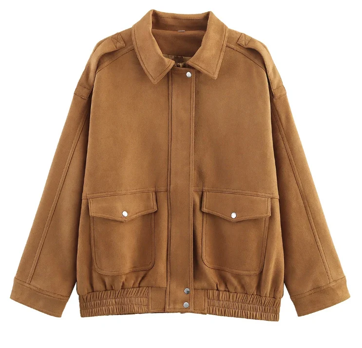 Damen 500+ lässige Velours‑Blousonjacke mit Pattentaschen und elastischem Saum Drune