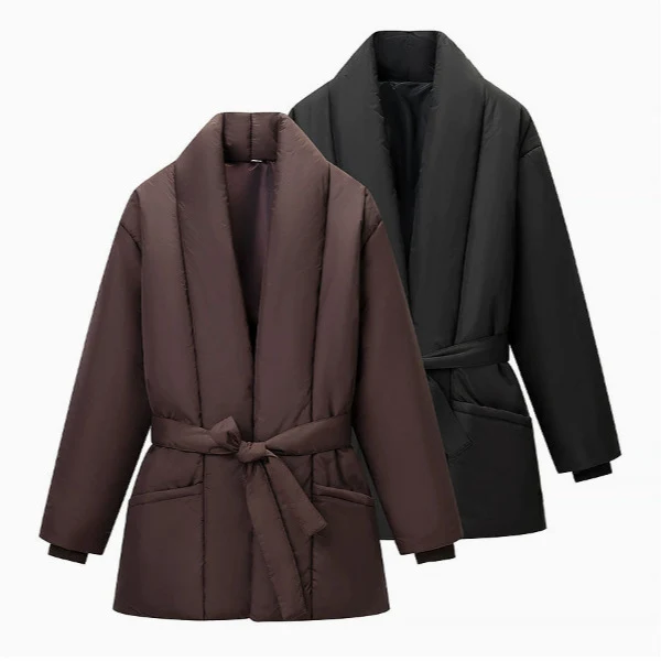 Damen 500+ gesteppte Kurzpufferjacke mit Schalkragen und Bindegürtel Drune