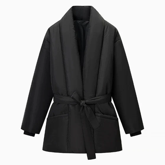 Damen 500+ gesteppte Kurzpufferjacke mit Schalkragen und Bindegürtel Drune