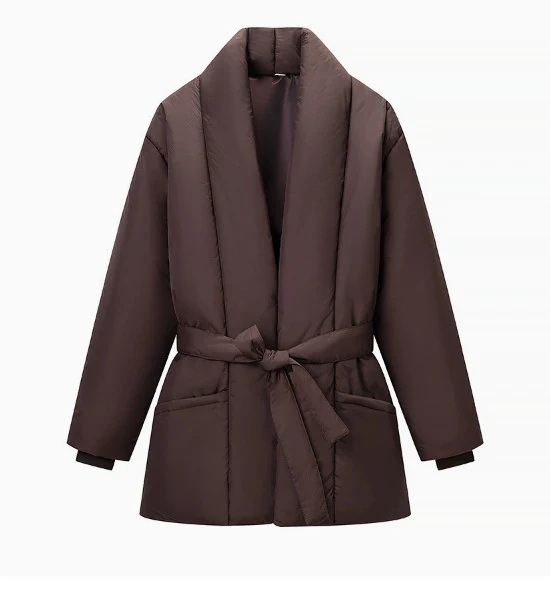Damen 500+ gesteppte Kurzpufferjacke mit Schalkragen und Bindegürtel Drune