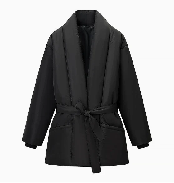 Damen 500+ gesteppte Kurzpufferjacke mit Schalkragen und Bindegürtel Drune