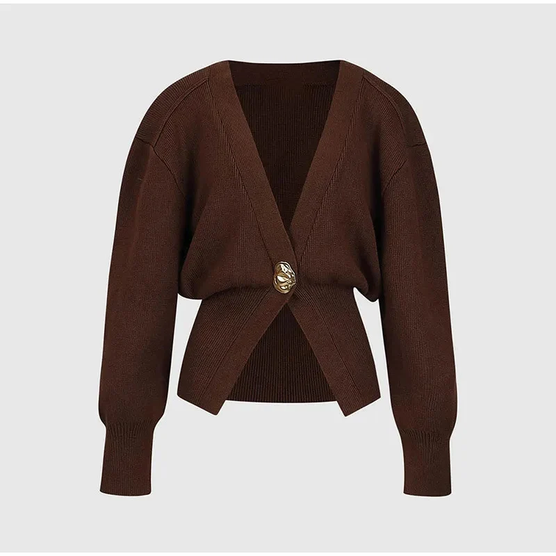 Damen 500+ Cropped‑Cardigan mit Taillenraffung, tiefem V‑Ausschnitt und großem Zierknopf Drune