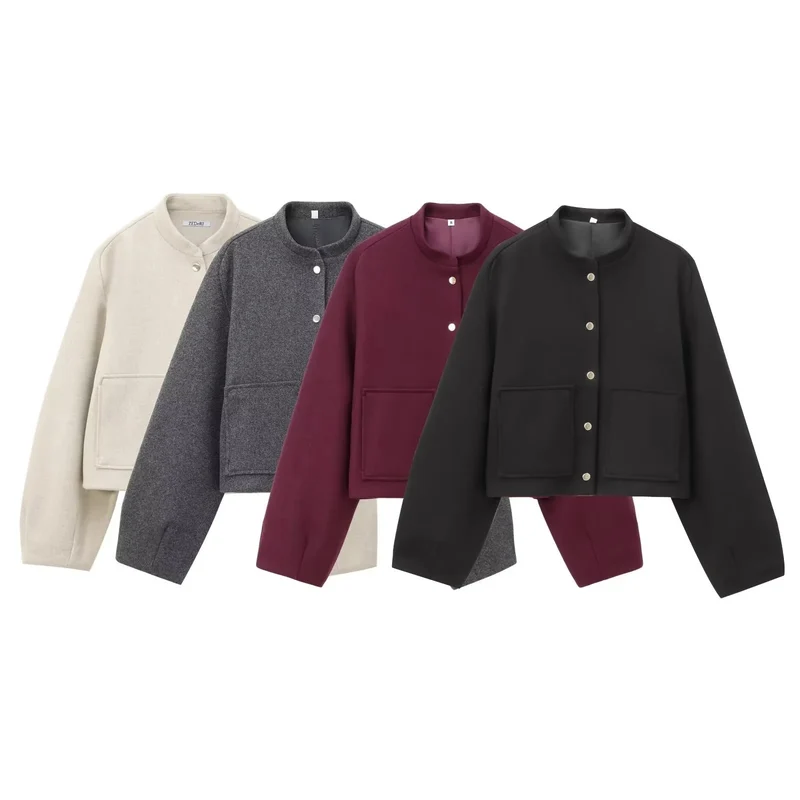 Damen 500+ Cropped Boxy Wollmix‑Blousonjacke mit Stehkragen, Druckknöpfen und großen aufgesetzten Taschen Drune