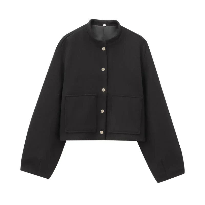 Damen 500+ Cropped Boxy Wollmix‑Blousonjacke mit Stehkragen, Druckknöpfen und großen aufgesetzten Taschen Drune